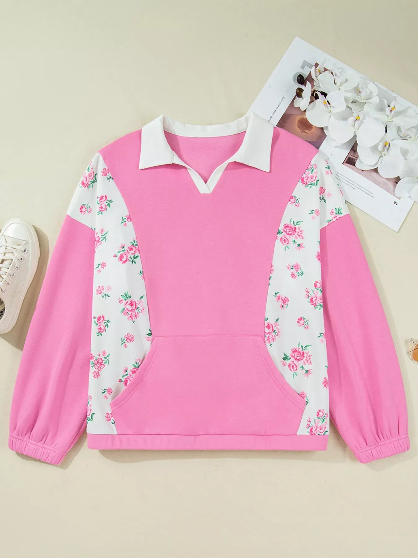 Plus Size Contrast Polo Collar Floral Patchwork Elastic