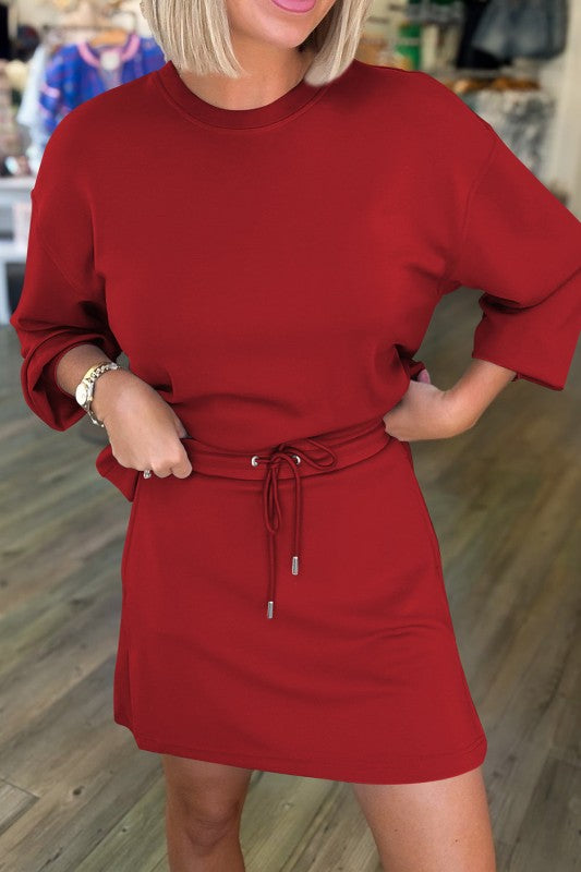 Solid Drop Shoulder Pullover and Mini Skirt Set
