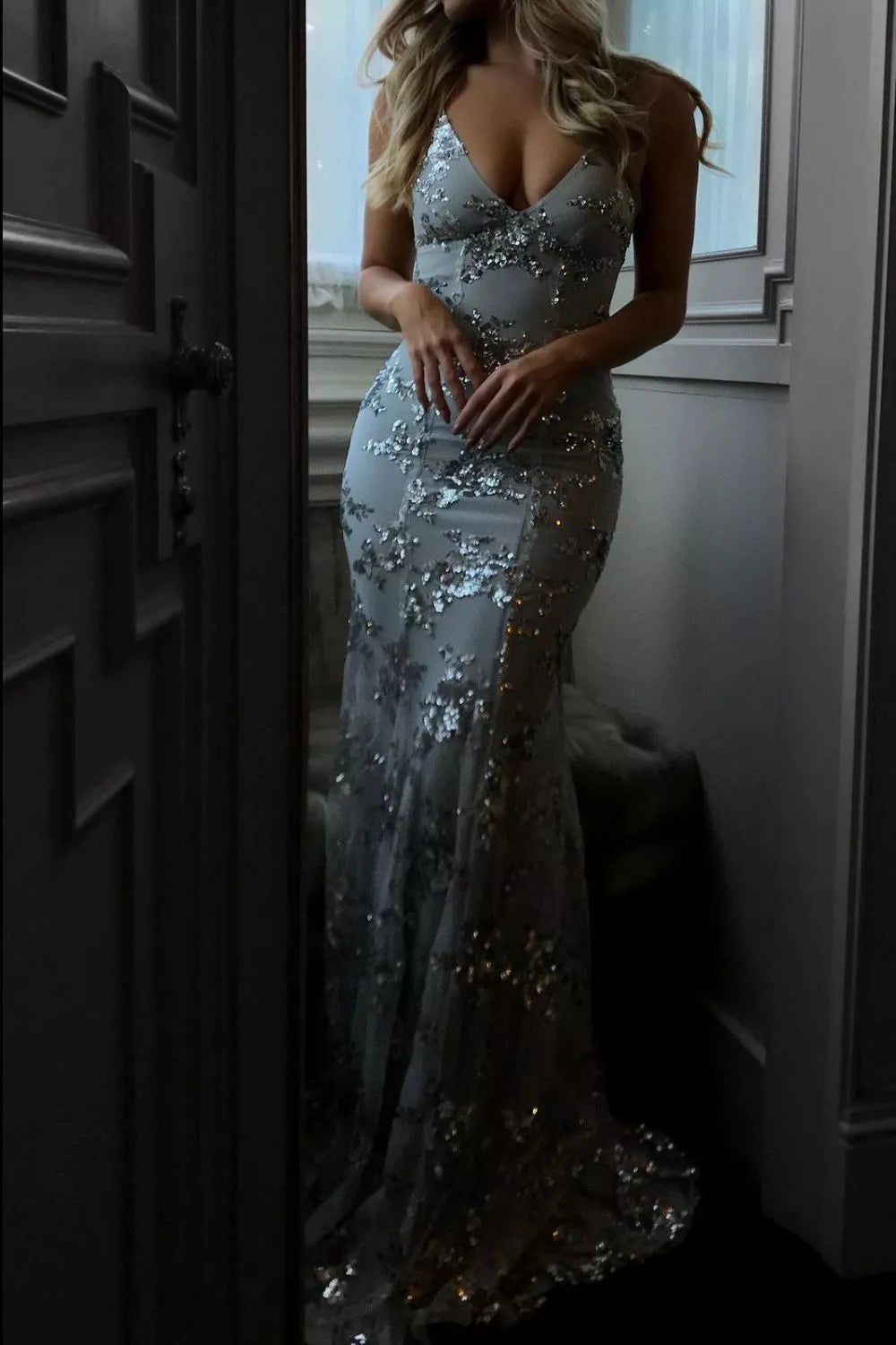 Full Size Sequin Tie Back V-Neck Maxi Dress
