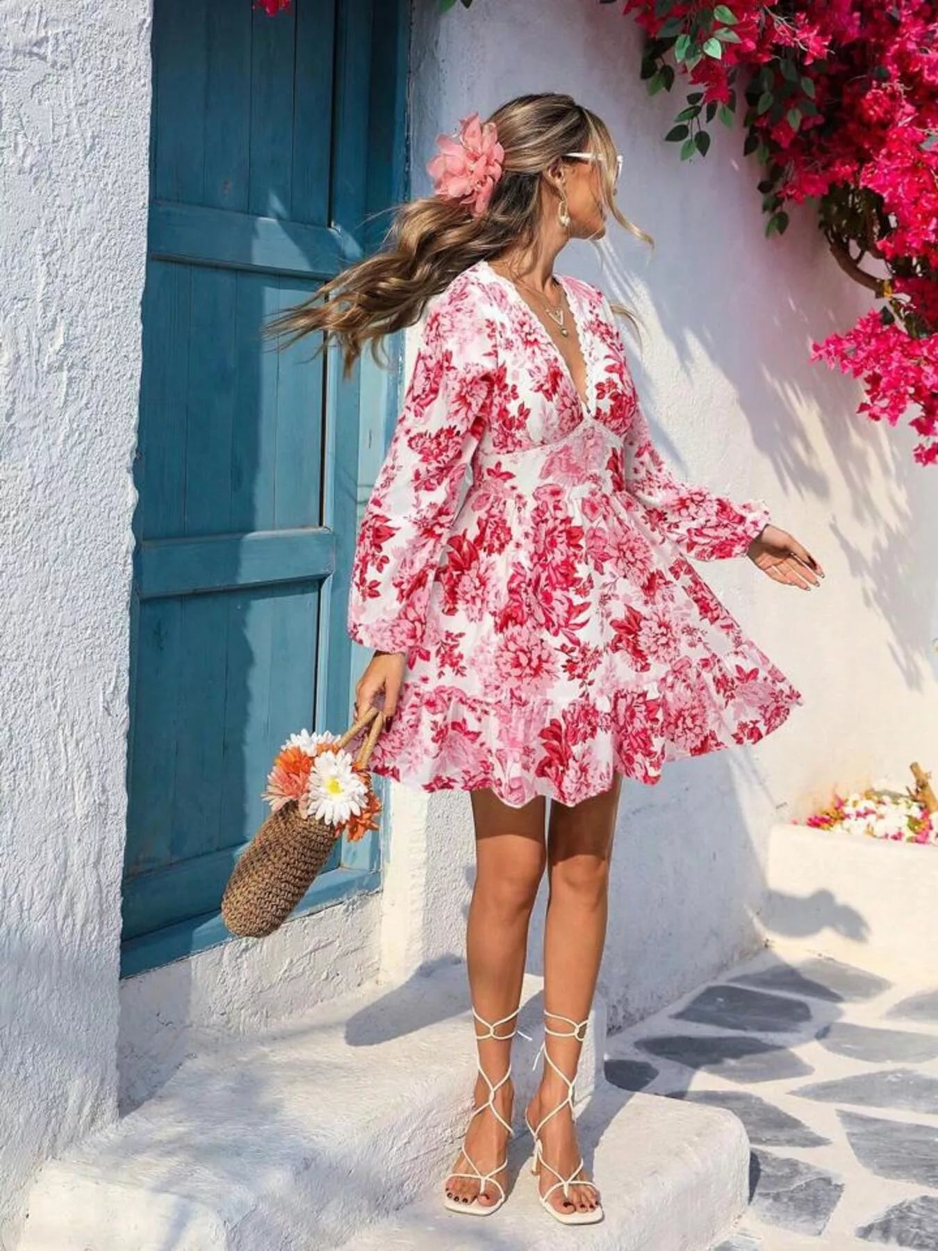 Full Size Floral Print V-Neck Long Sleeve Ruffle