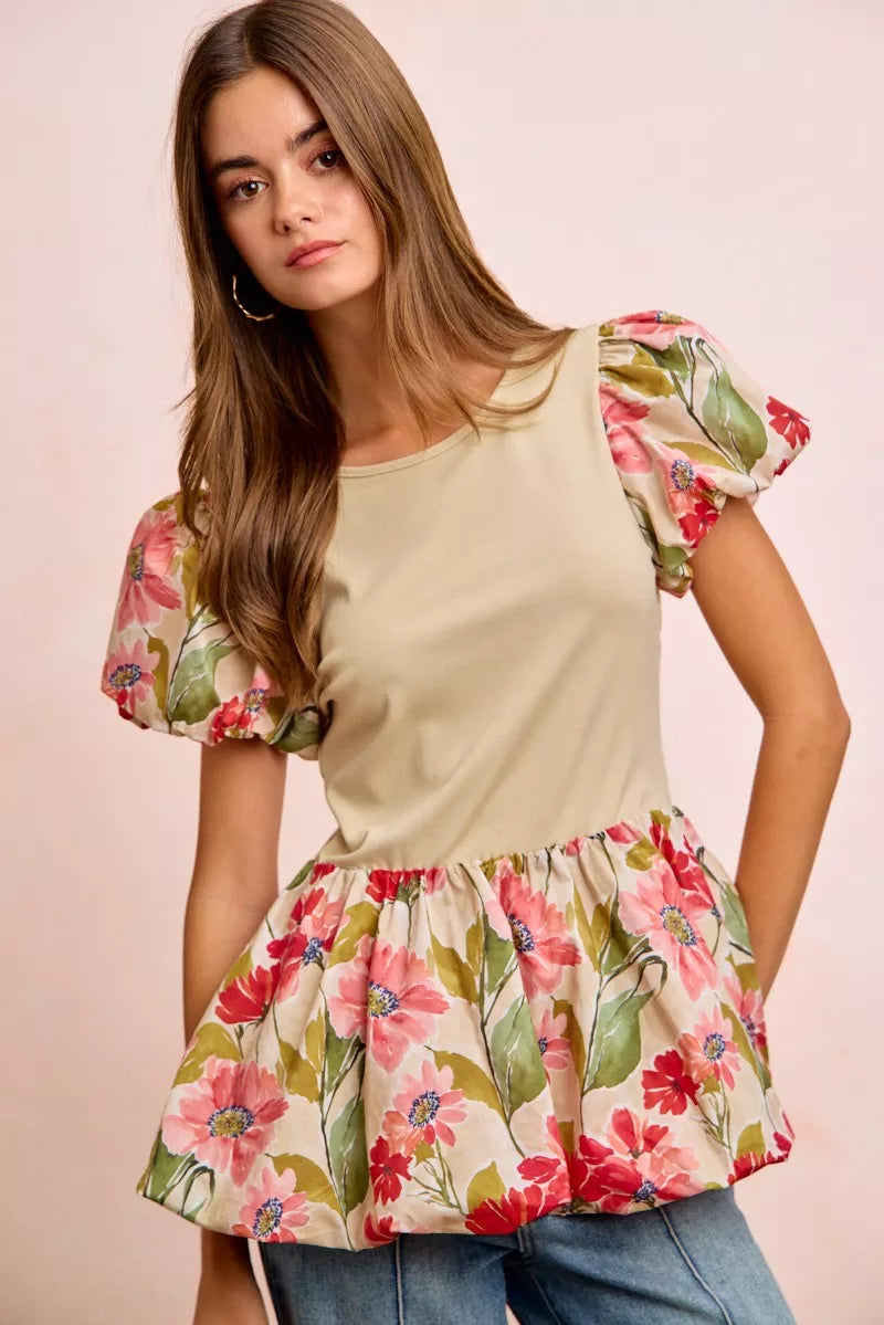 BiBi Floral Printed Bubble Sleeves and Hem Peplum