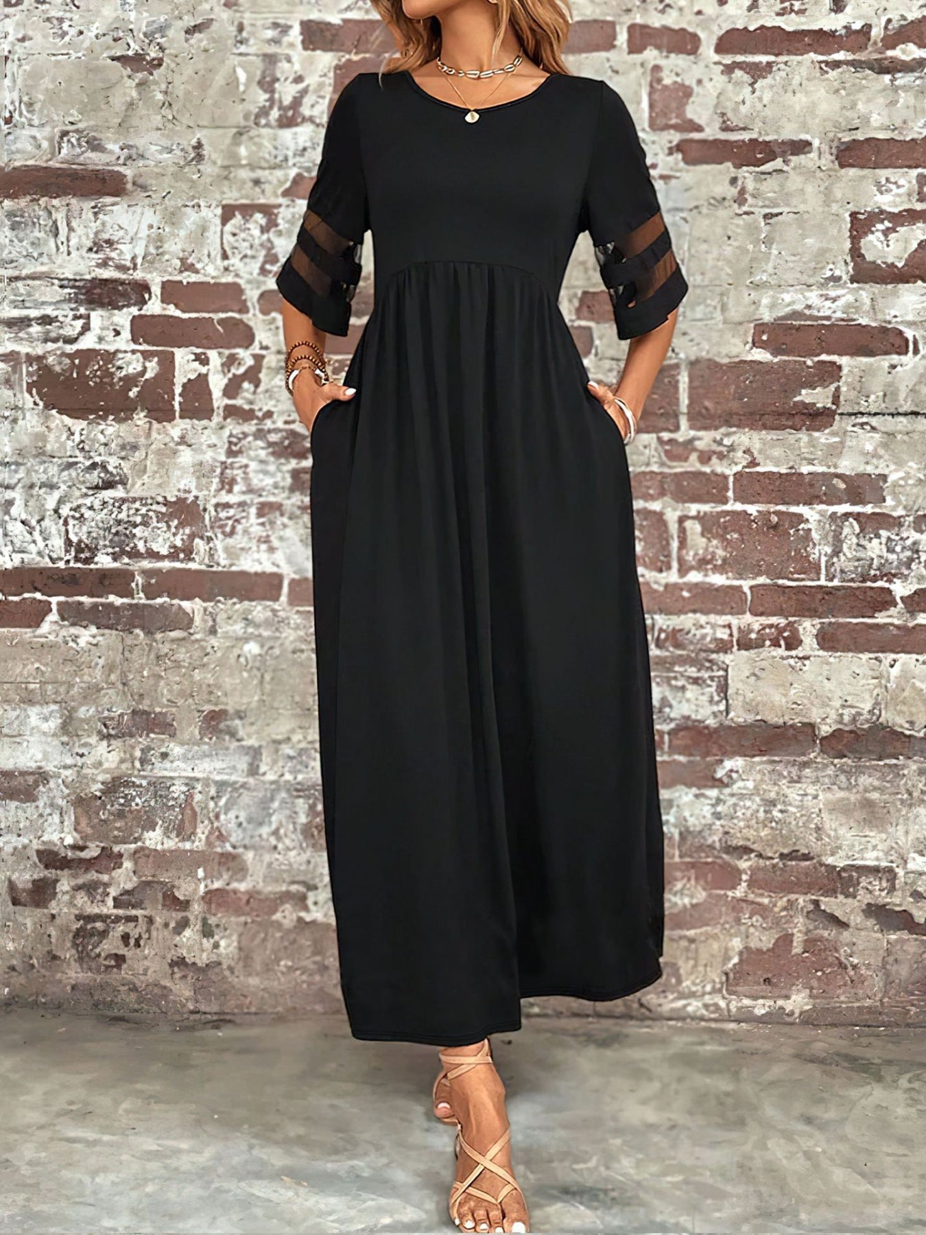 Plus Size Mesh Sleeve Round Neck Dress with