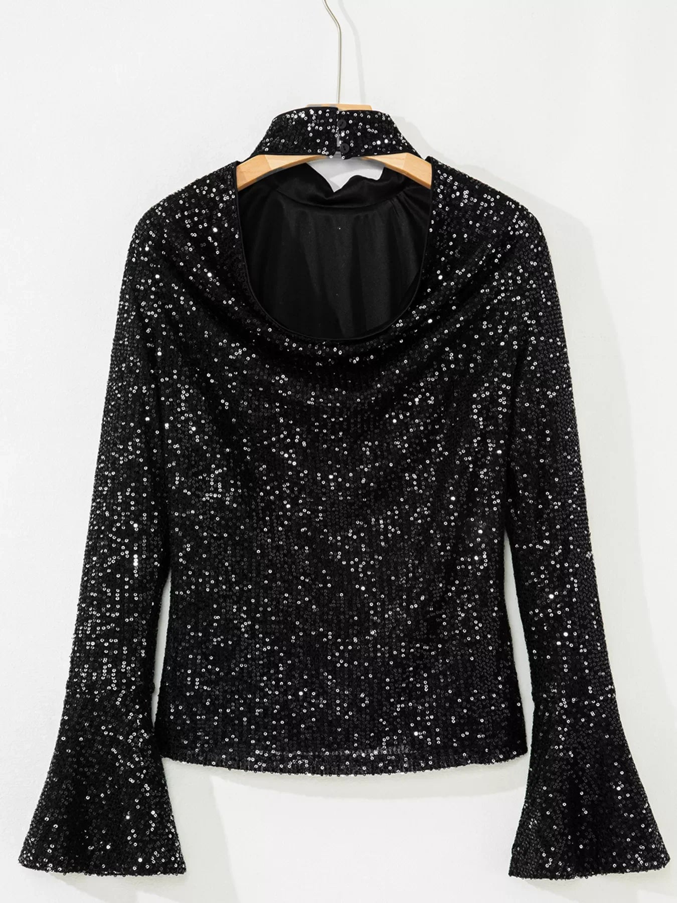Sequin Mock Neck Drape Open Back Bell Sleeve