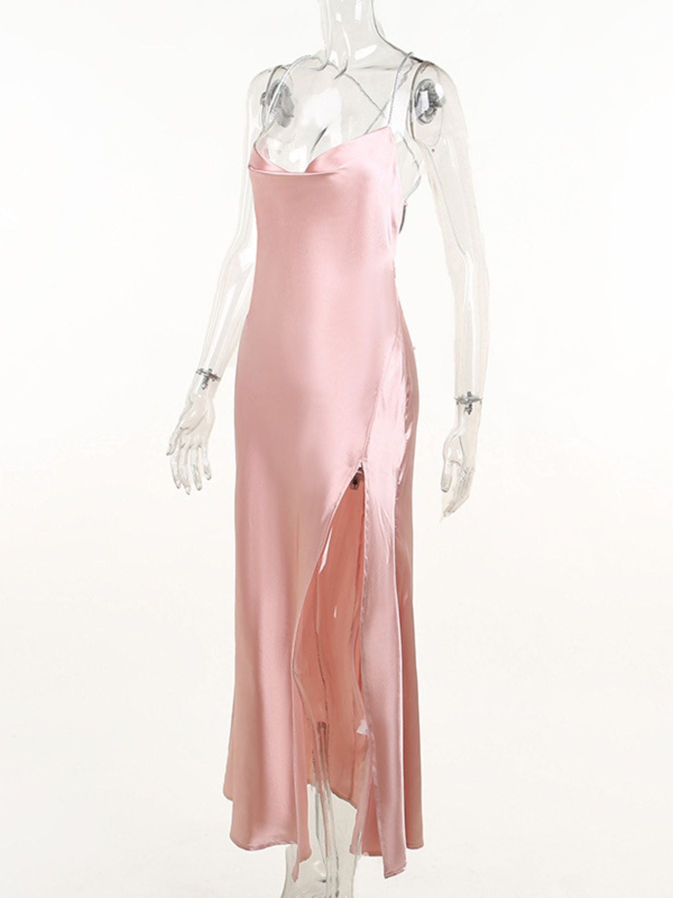 Slinky Satin Cowl Neck High Slit Dress with