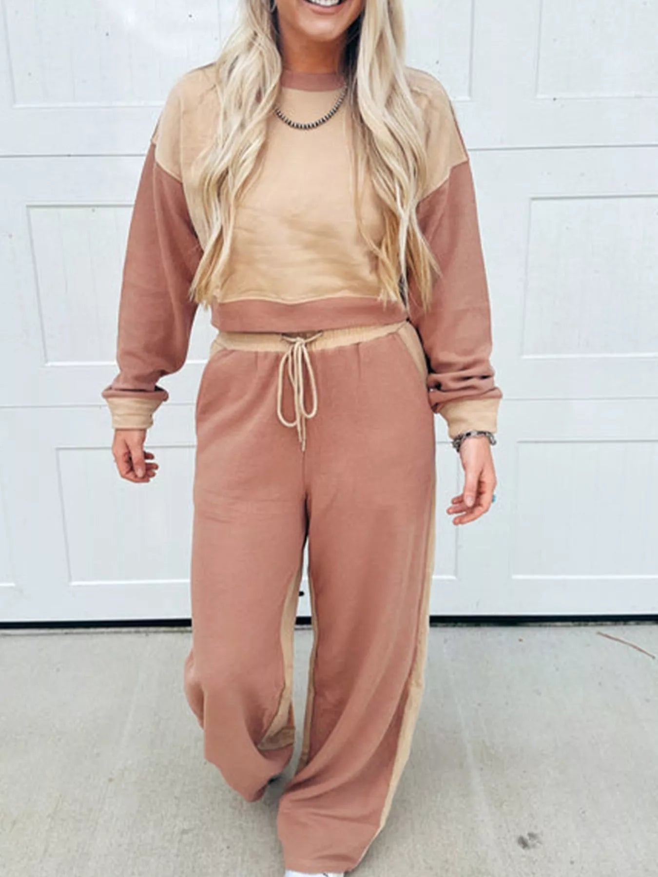 Color Block Long Sleeve Crop Top Drawstring Pant