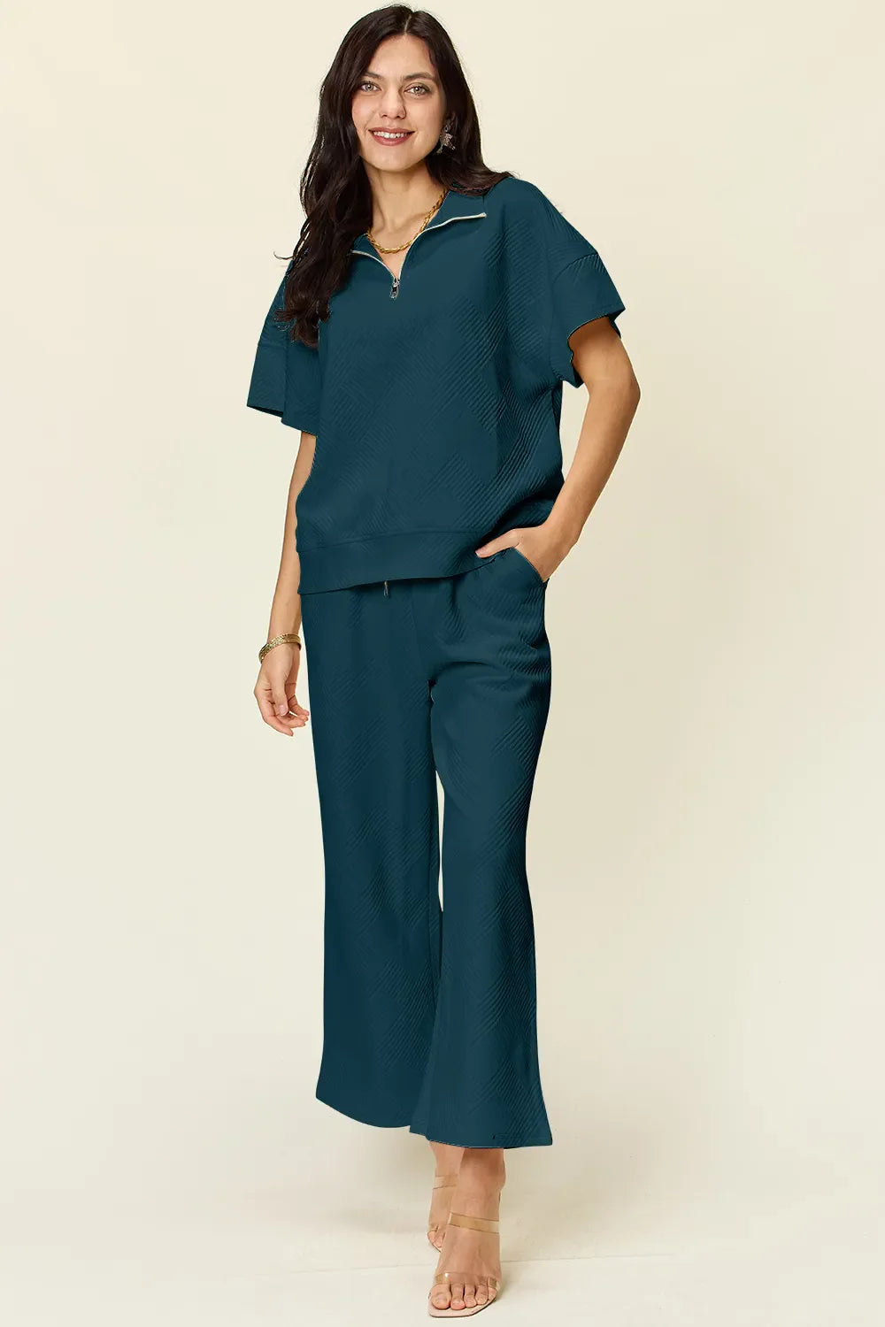 Double Take Full Size Texture Half Zip Short