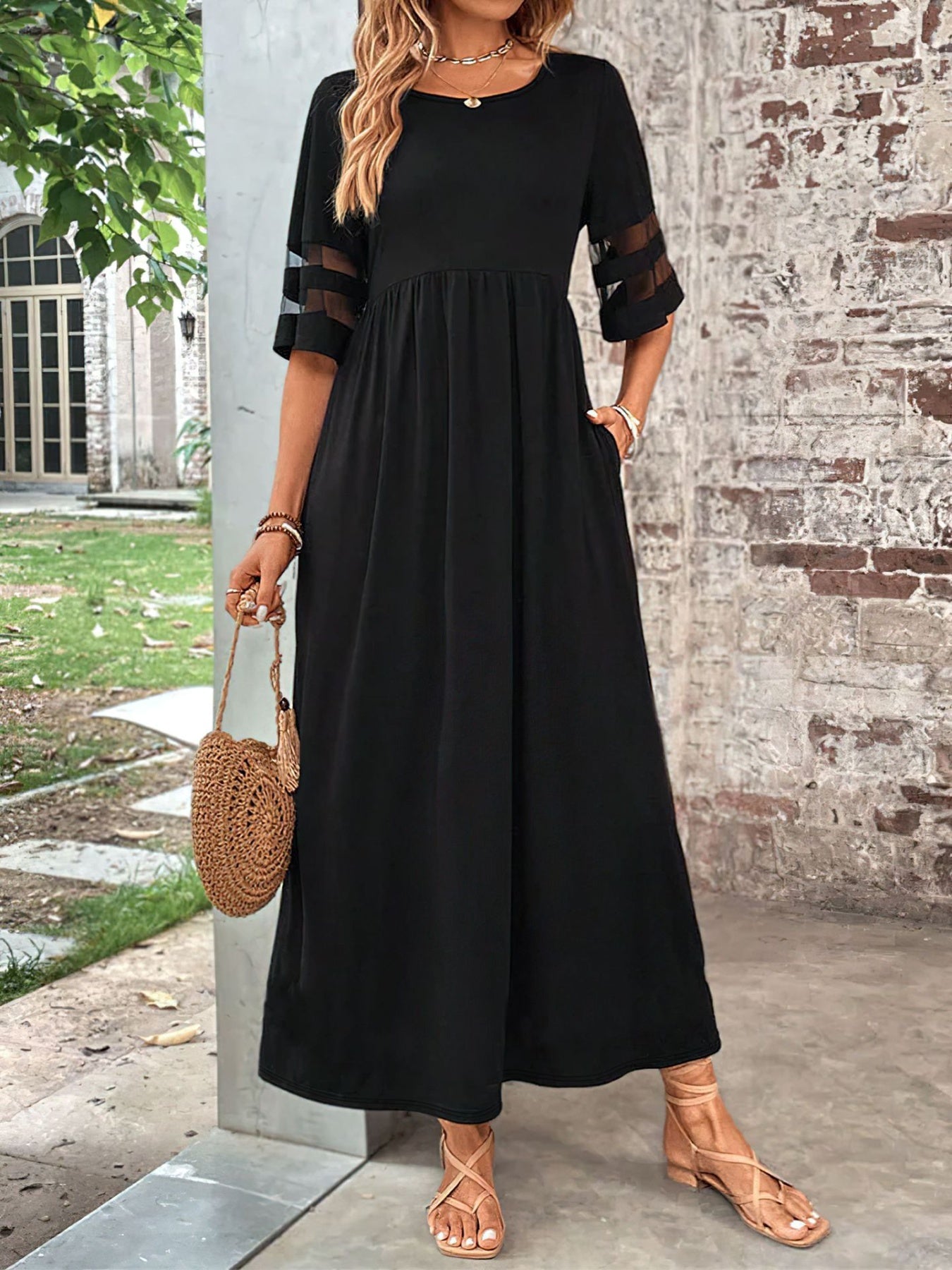 Plus Size Mesh Sleeve Round Neck Dress with