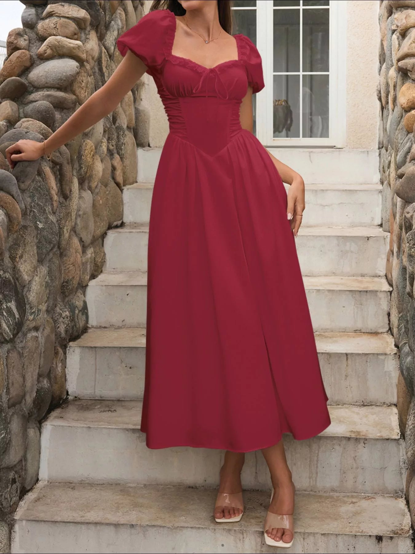 Sweetheart Neck Puff Sleeve Midi Dress
