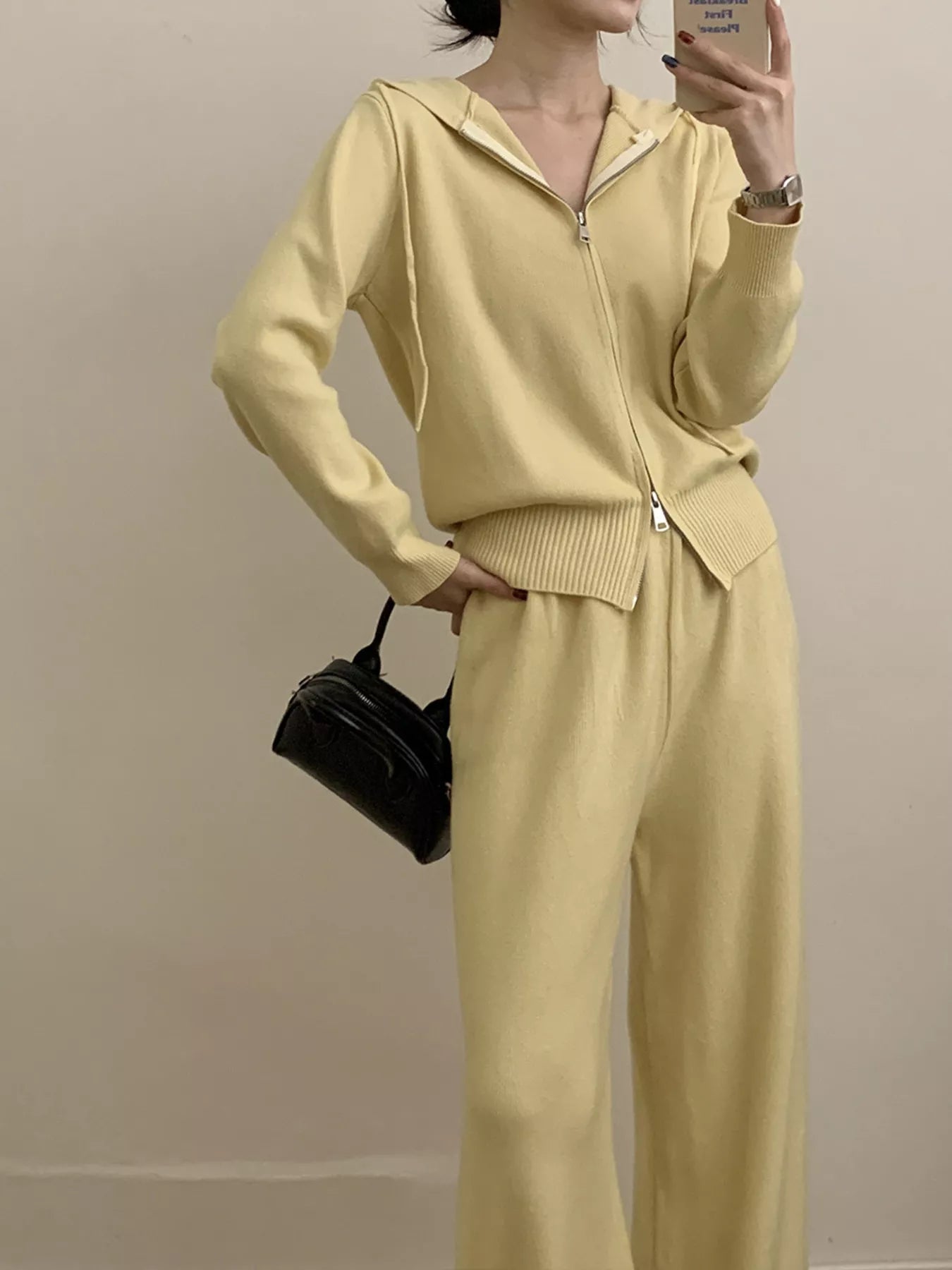 Zip Up Cardigan and Drawstring Wide Leg Pants