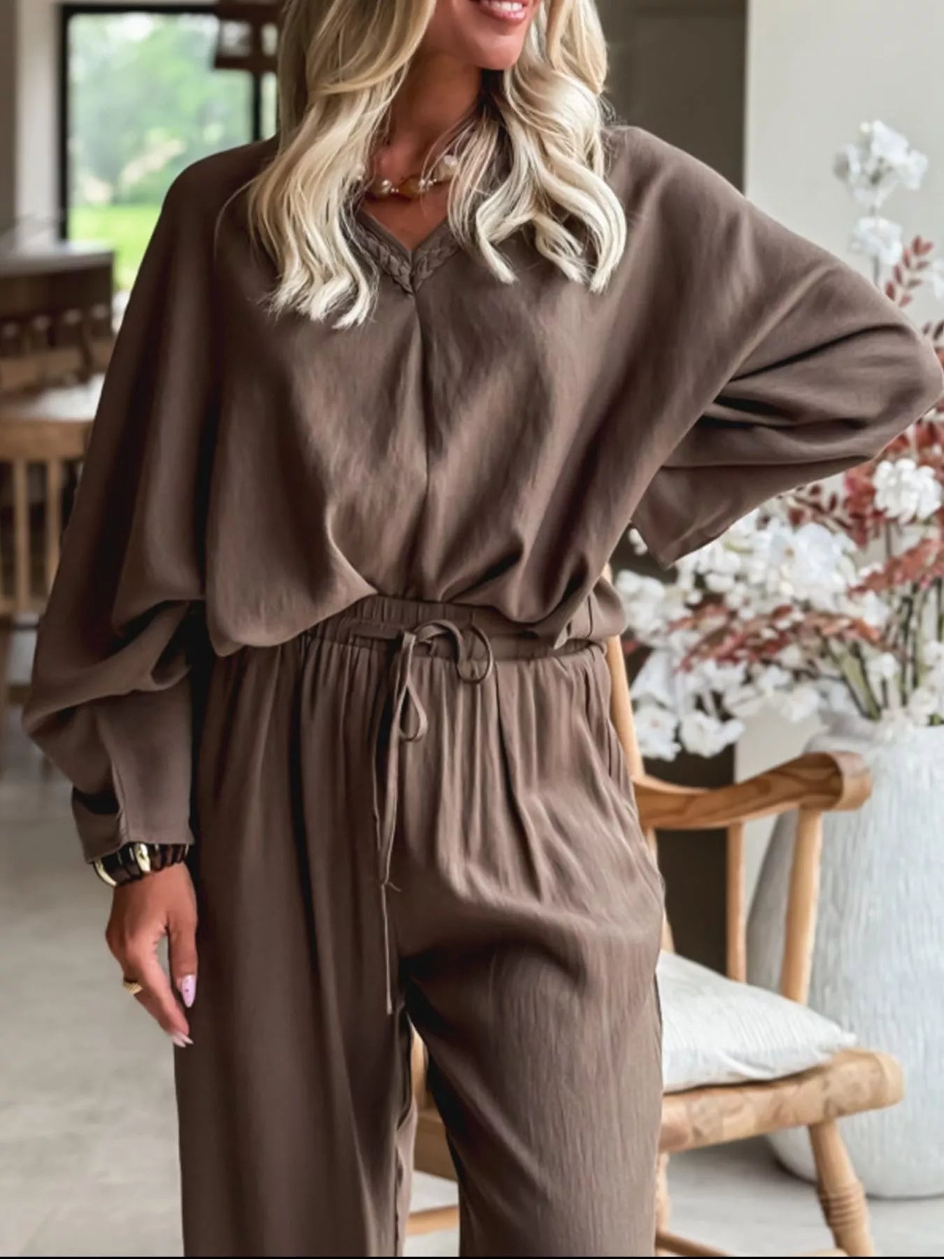Braided V Neck Long Sleeve Loose Top and