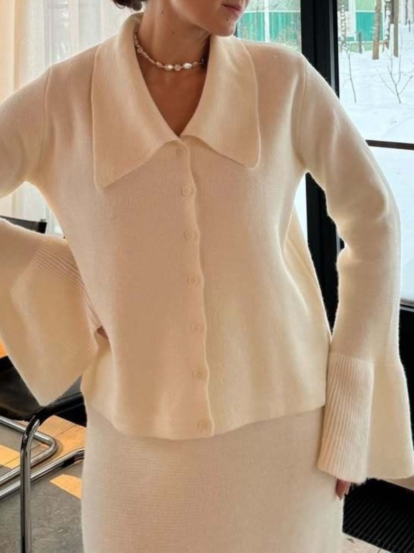 Button Down Long Sleeve Cardigan and Skirt Knit