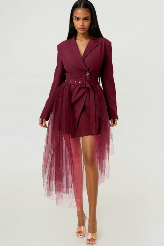 Tulle Overlay Belted Blazer Dress