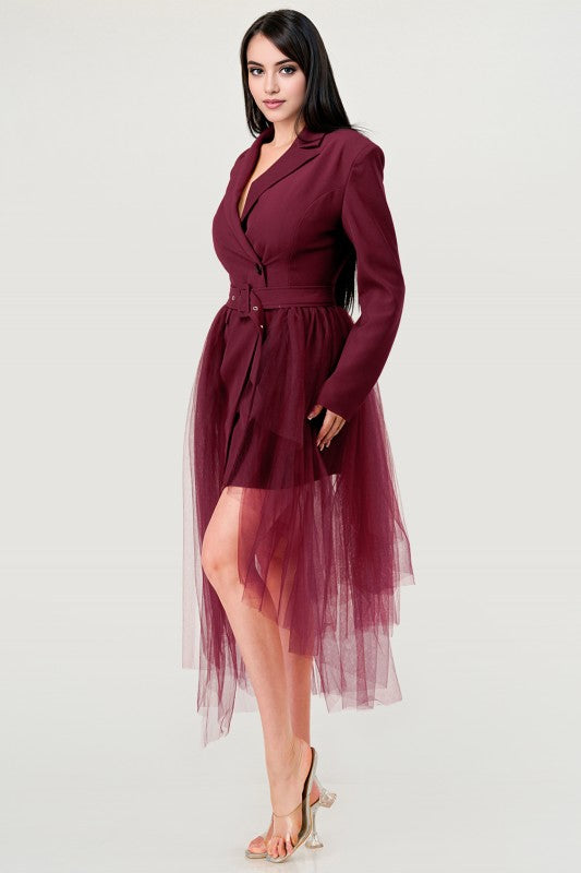 Tulle Overlay Belted Blazer Dress