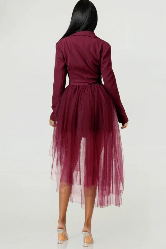 Tulle Overlay Belted Blazer Dress