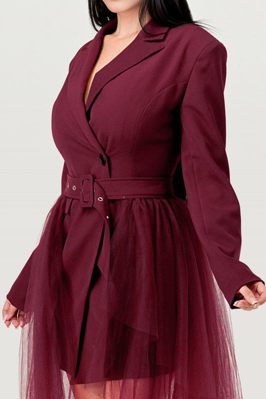 Tulle Overlay Belted Blazer Dress