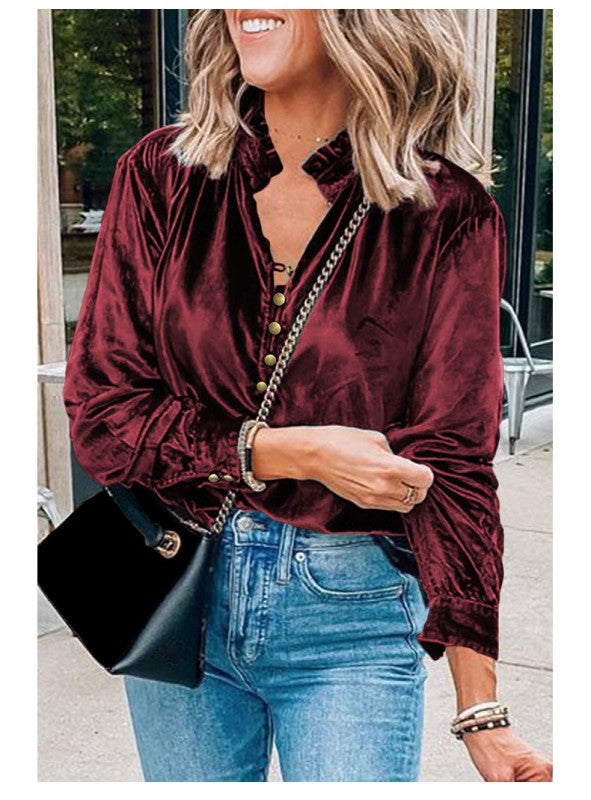 Frilled Neck Buttoned Front Velvet Top