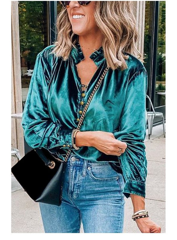Frilled Neck Buttoned Front Velvet Top