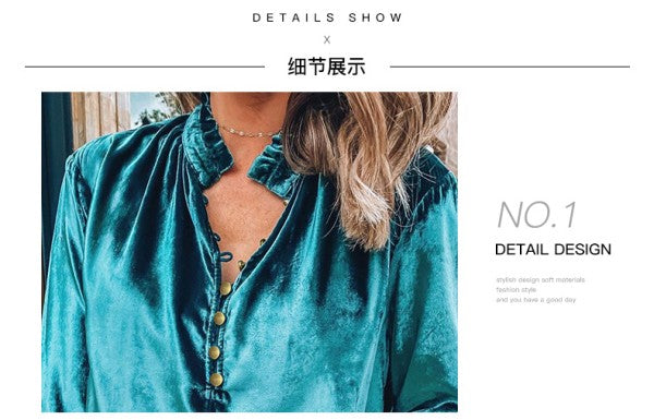 Frilled Neck Buttoned Front Velvet Top