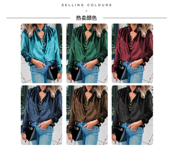 Frilled Neck Buttoned Front Velvet Top