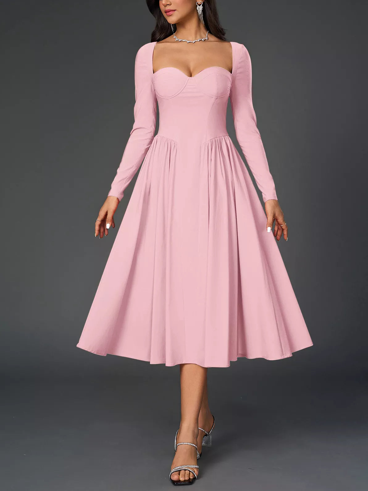 Sweetheart Neckline Long Sleeve A-Line Midi Dress