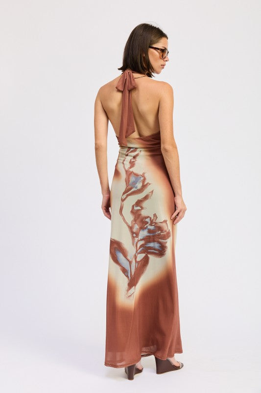 PRINTED MAXI HALTER DRESS WITH NECK TIE