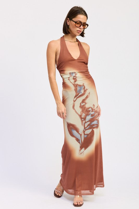PRINTED MAXI HALTER DRESS WITH NECK TIE
