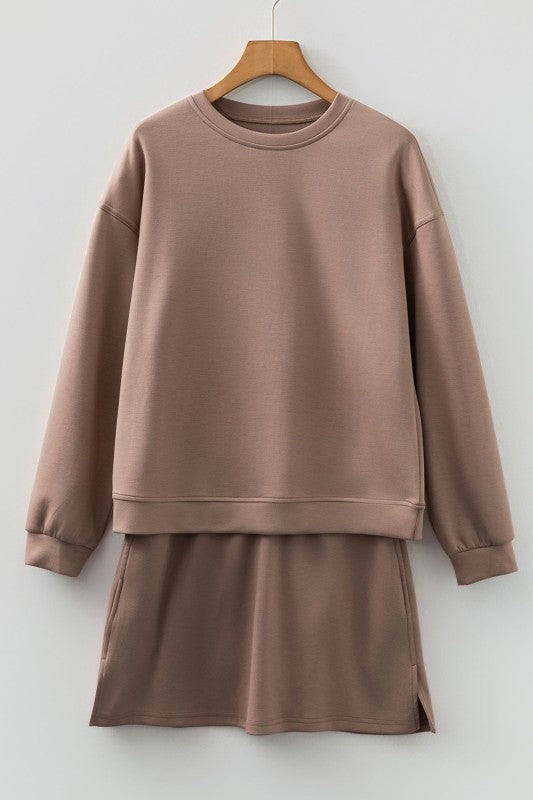 Solid Drop Shoulder Pullover and Mini Skirt Set