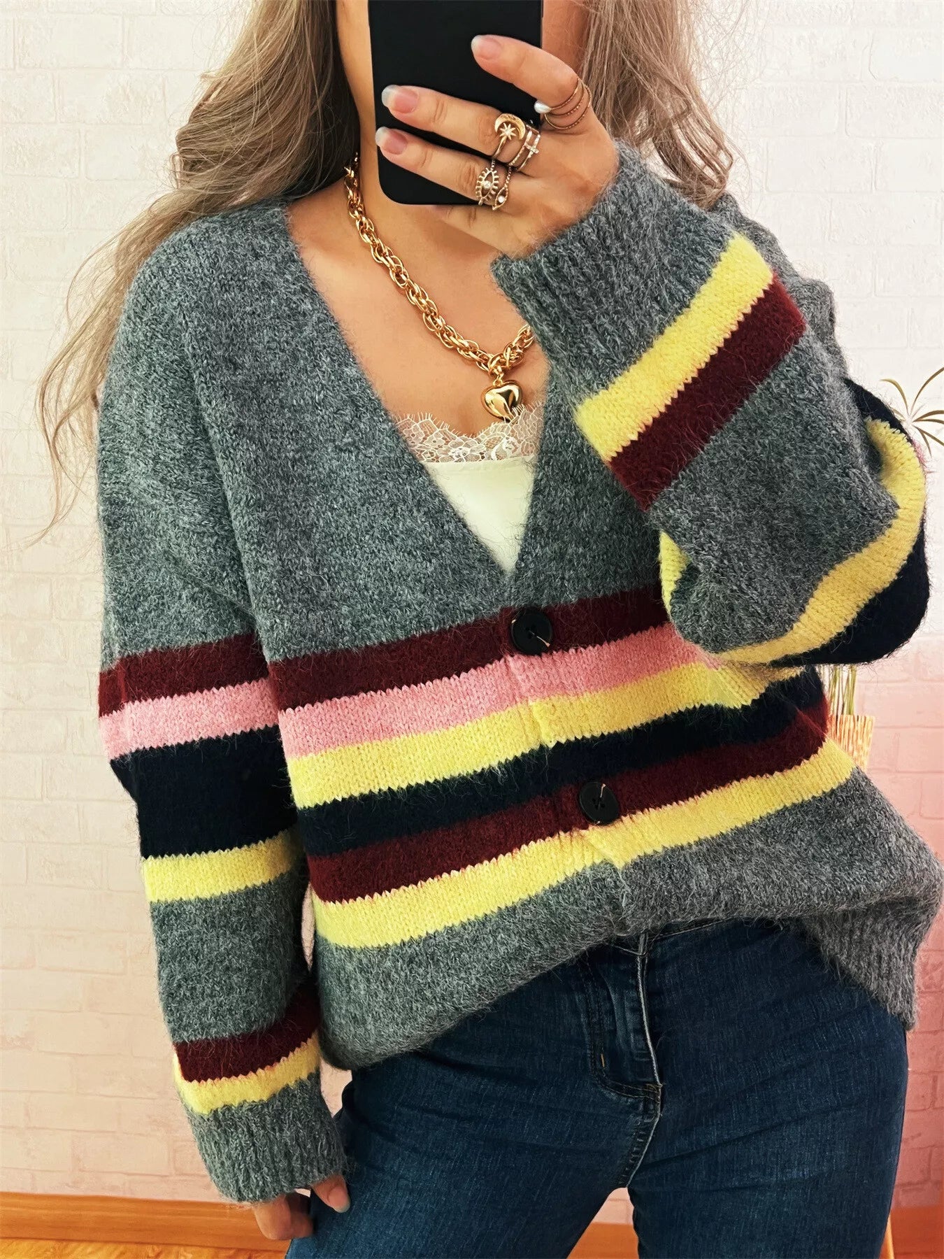 Ribbed Striped Button Down Cardigan