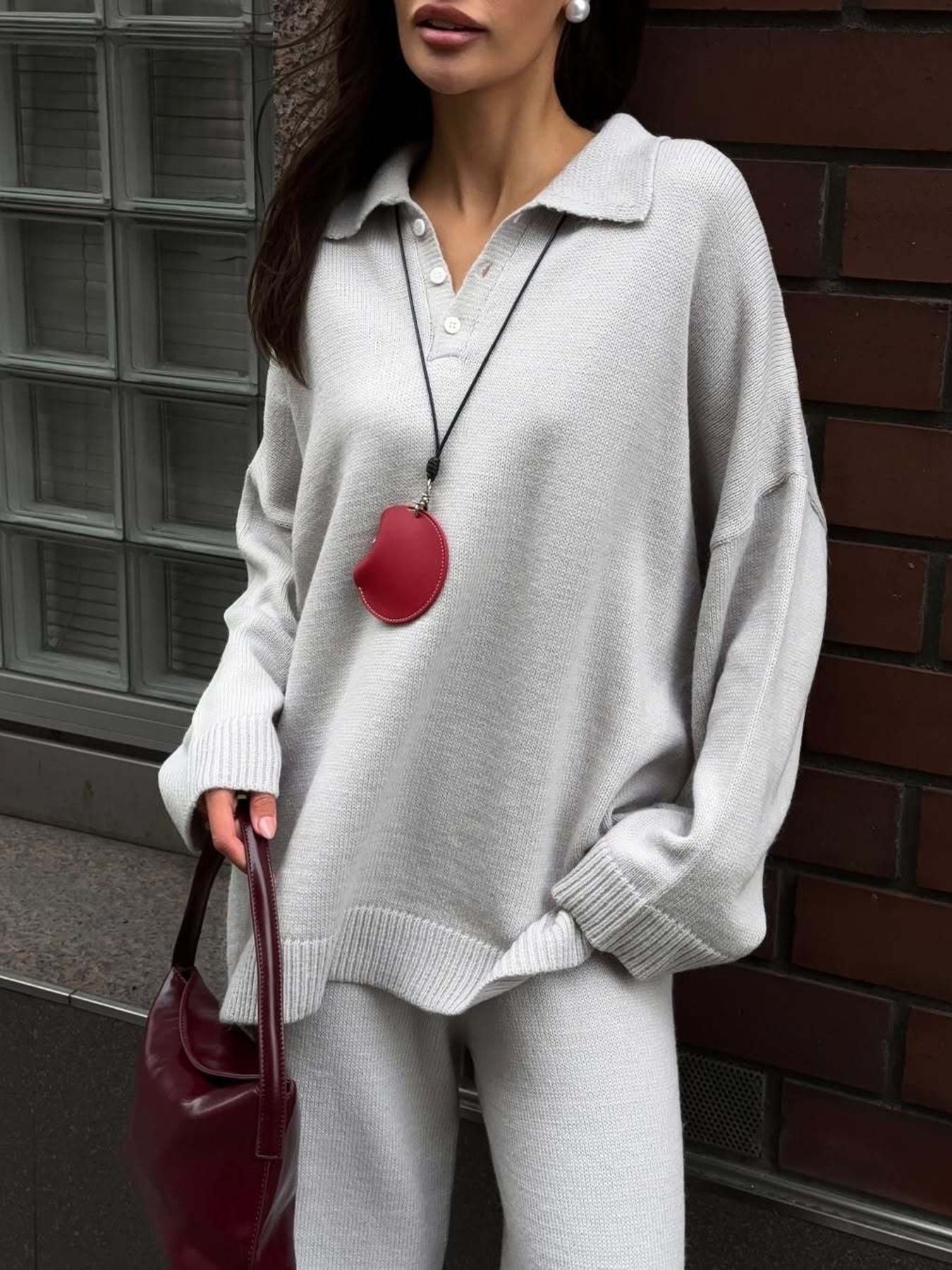 Polo Collar Top and Wide Leg Pants Knit