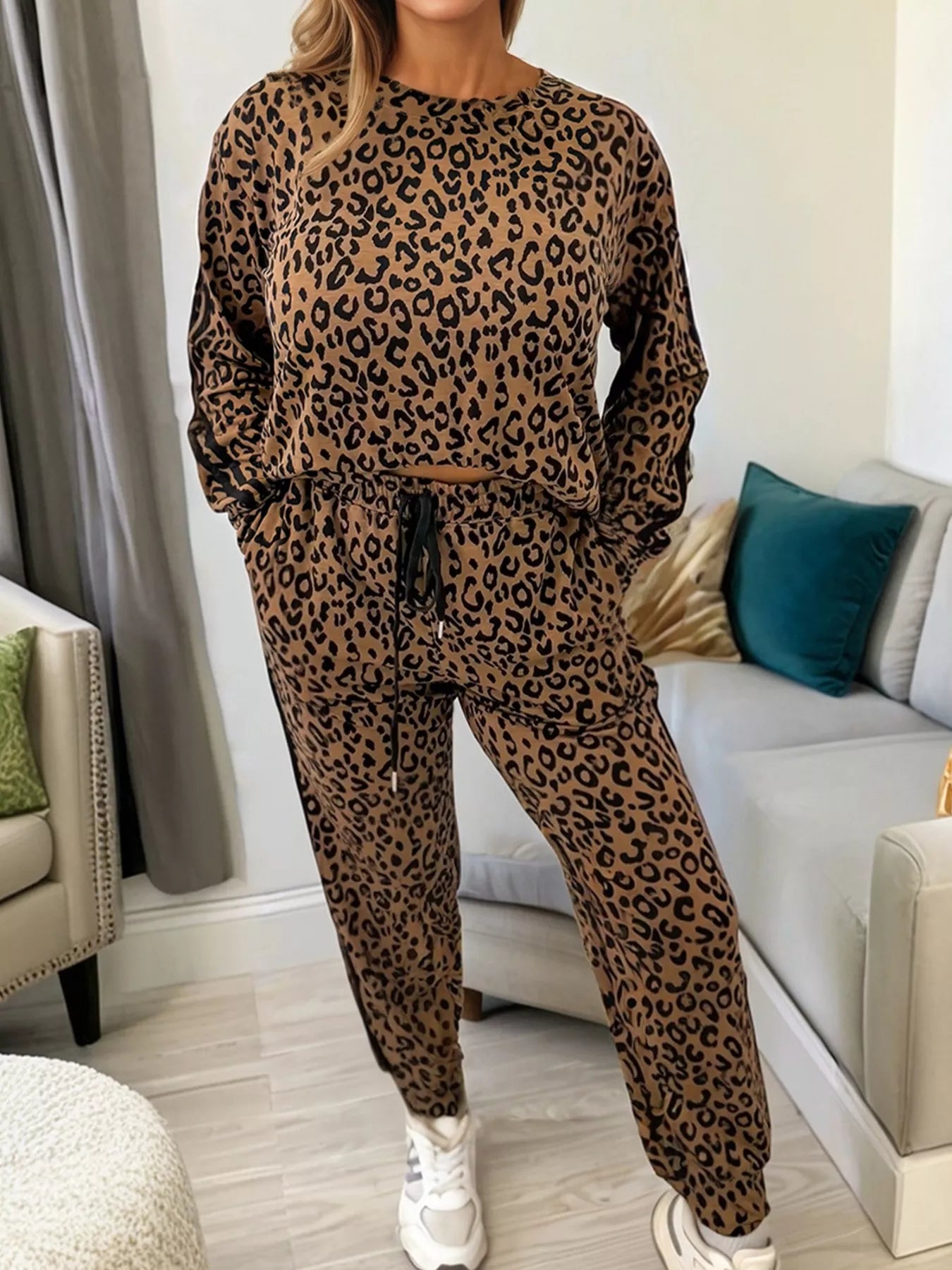 Striped Trim Leopard Long Sleeve Top Drawstring Pant