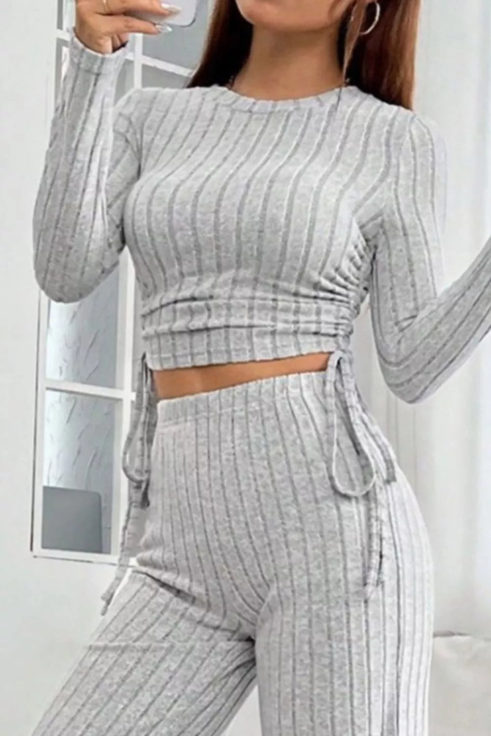 Ribbed Knit Long Sleeve Top & Wide Leg