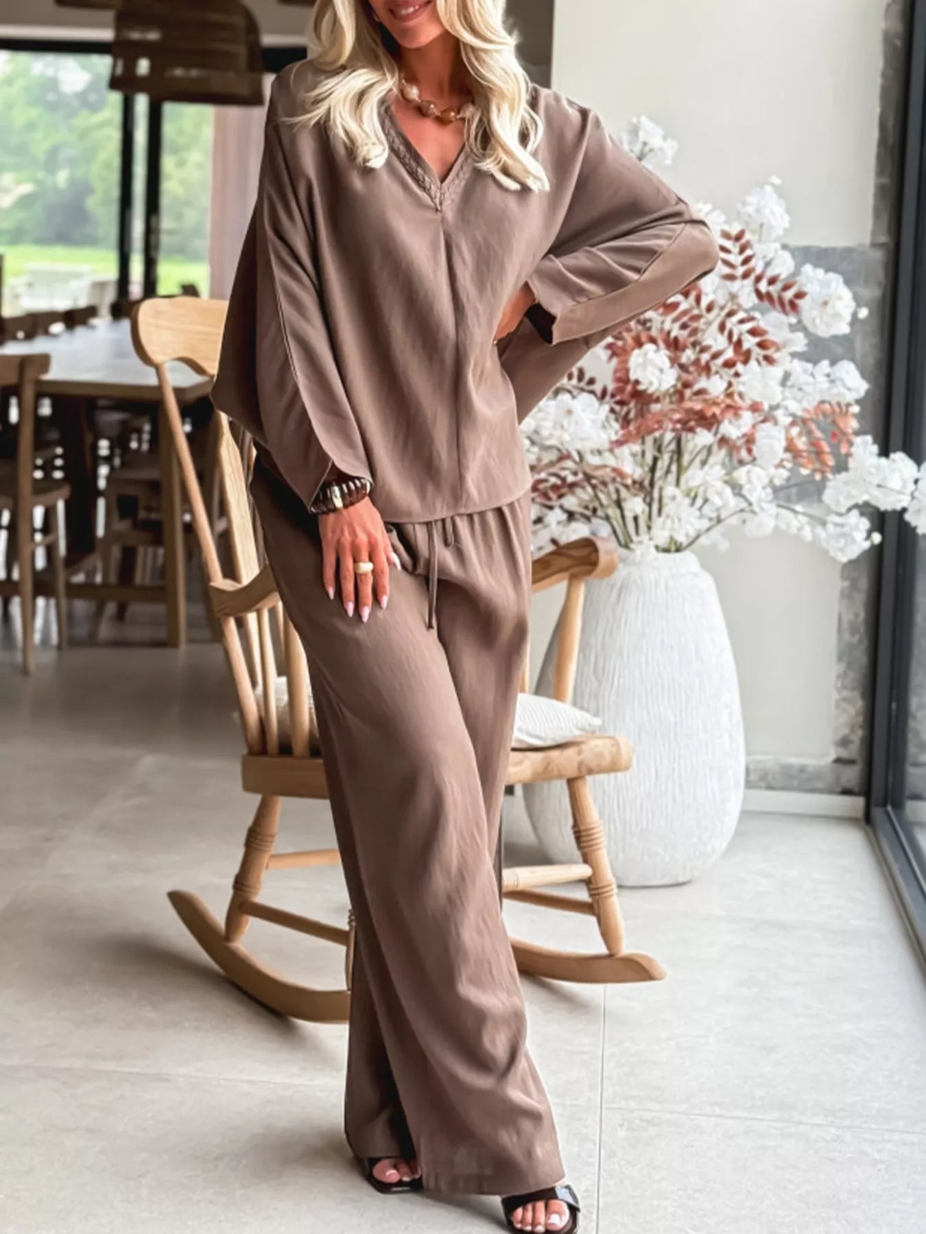 Braided V Neck Long Sleeve Loose Top and
