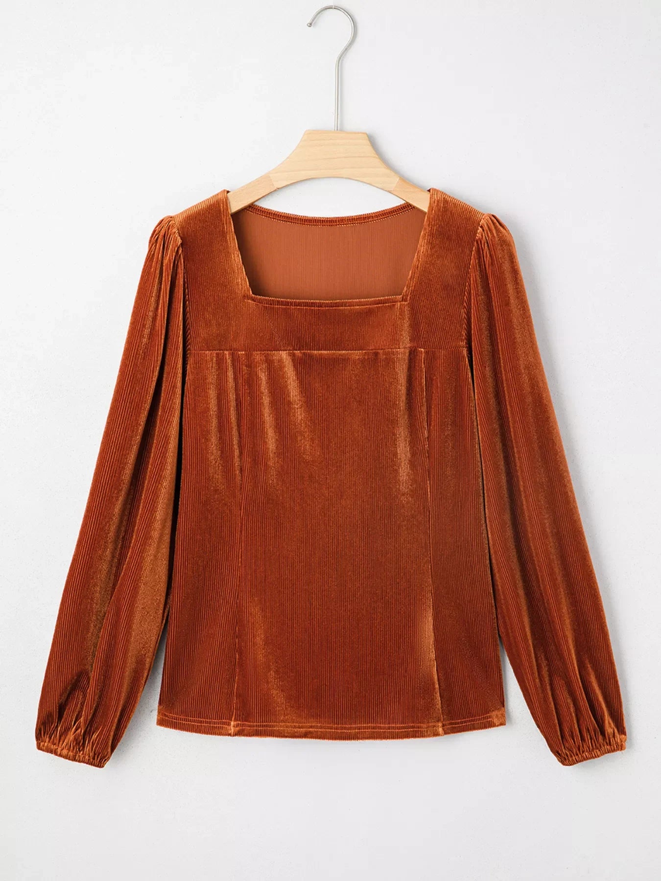 Velvet Ribbed Texture Square Neck Slim Puff Sleeve