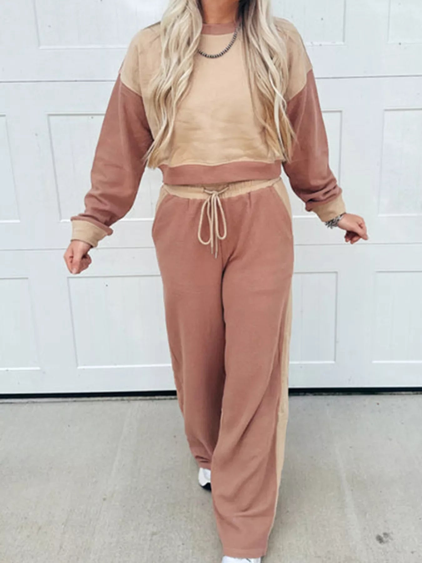 Color Block Long Sleeve Crop Top Drawstring Pant