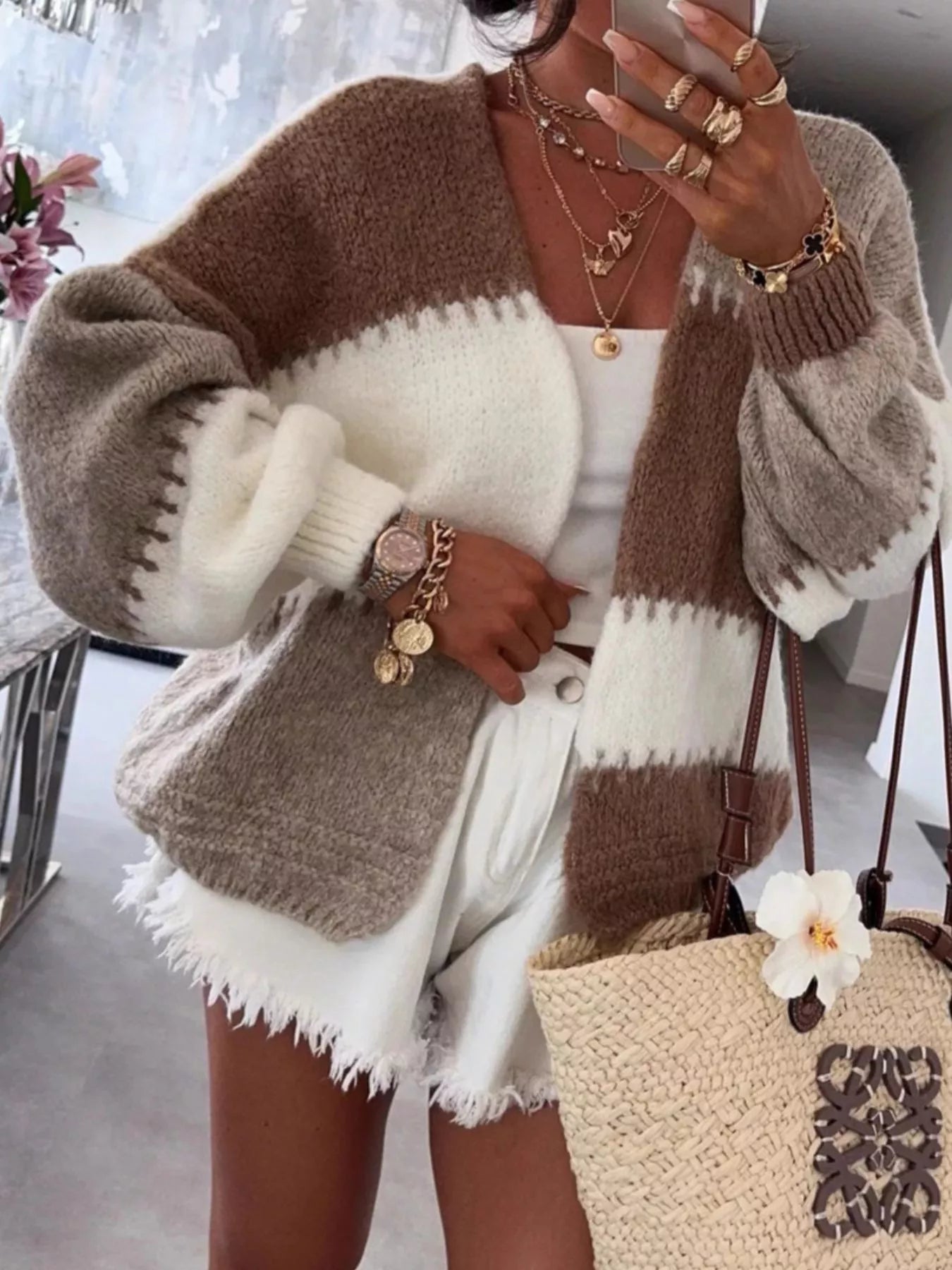 Color Block Open Front Cardigan