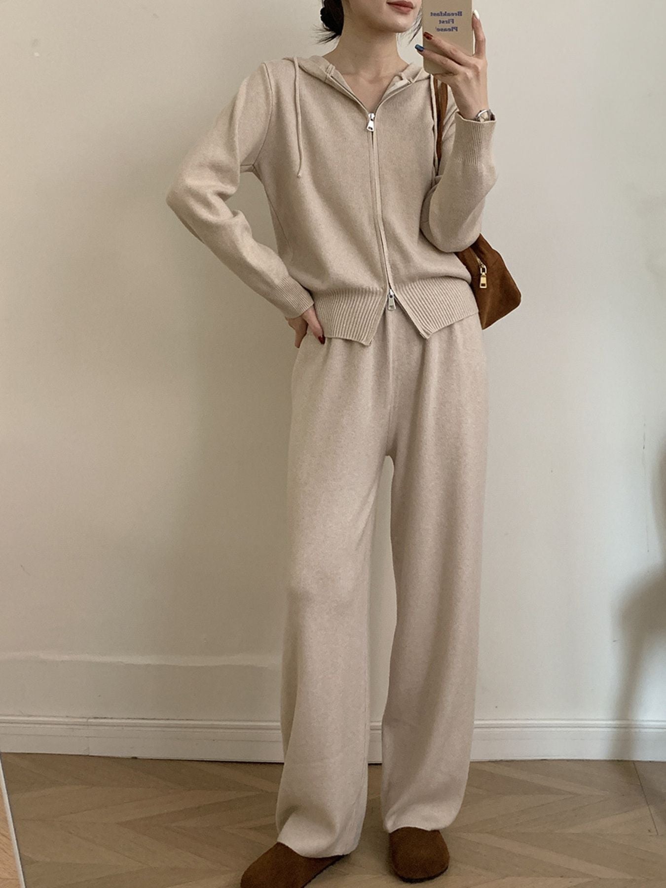Zip Up Cardigan and Drawstring Wide Leg Pants