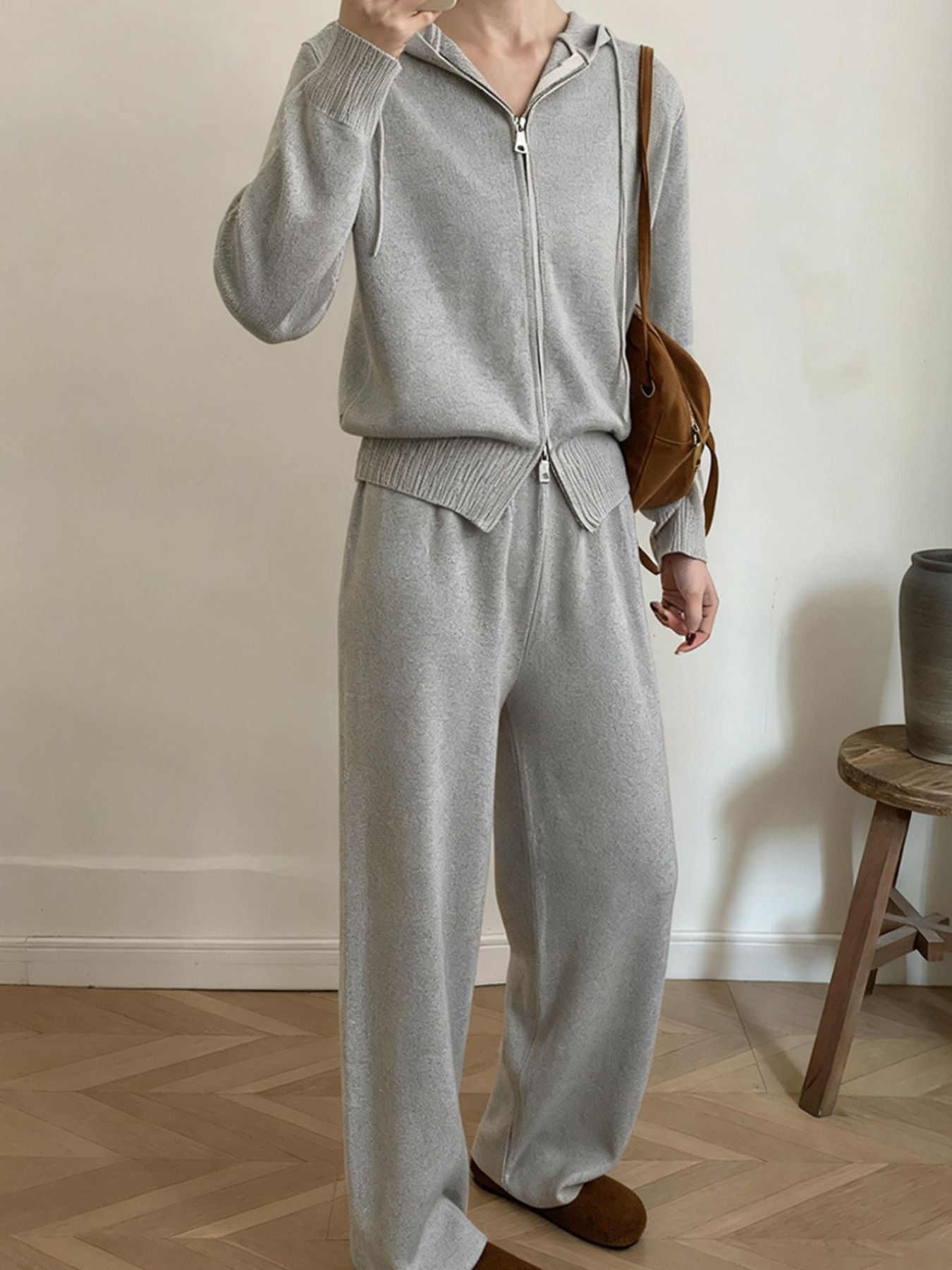 Zip Up Cardigan and Drawstring Wide Leg Pants