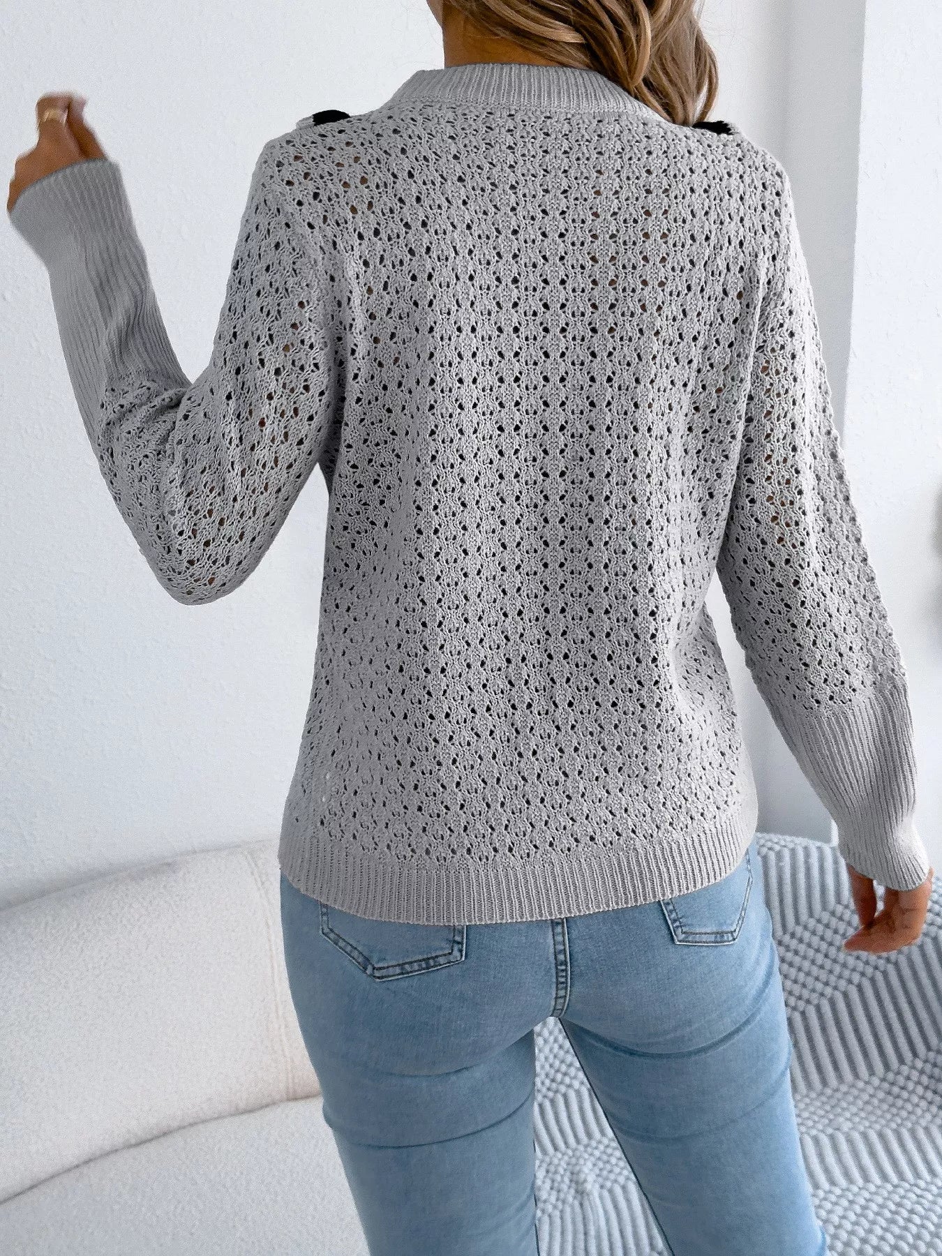 Hollow-Out Knit Top with Contrast Trim