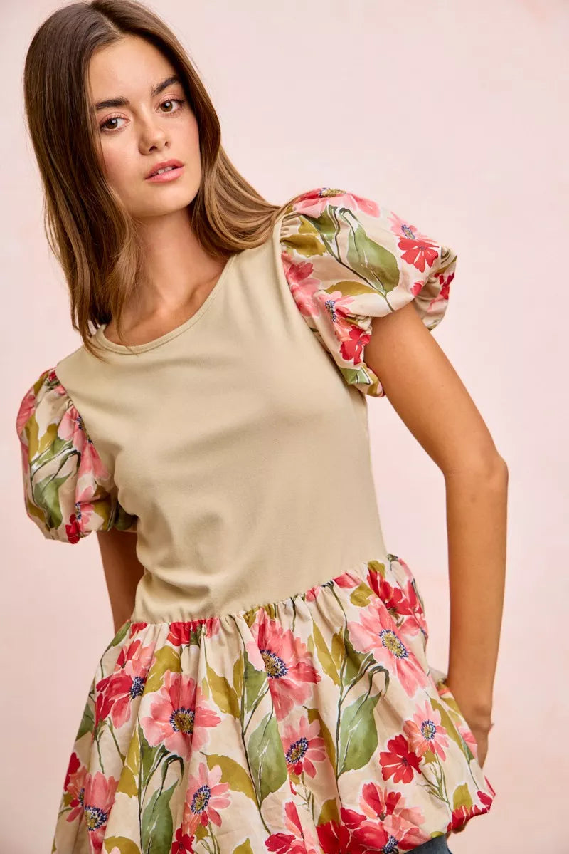 BiBi Floral Printed Bubble Sleeves and Hem Peplum