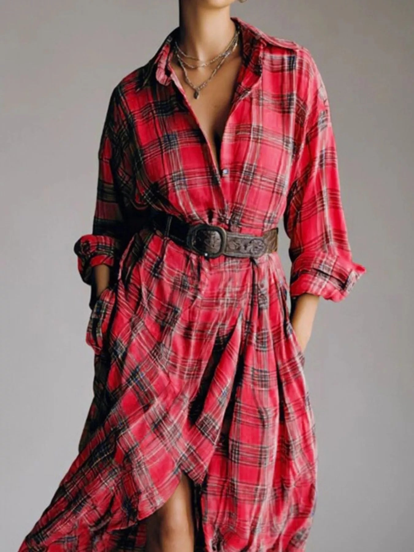 Full Size Plaid High-Low Long Sleeve Shirt Dress