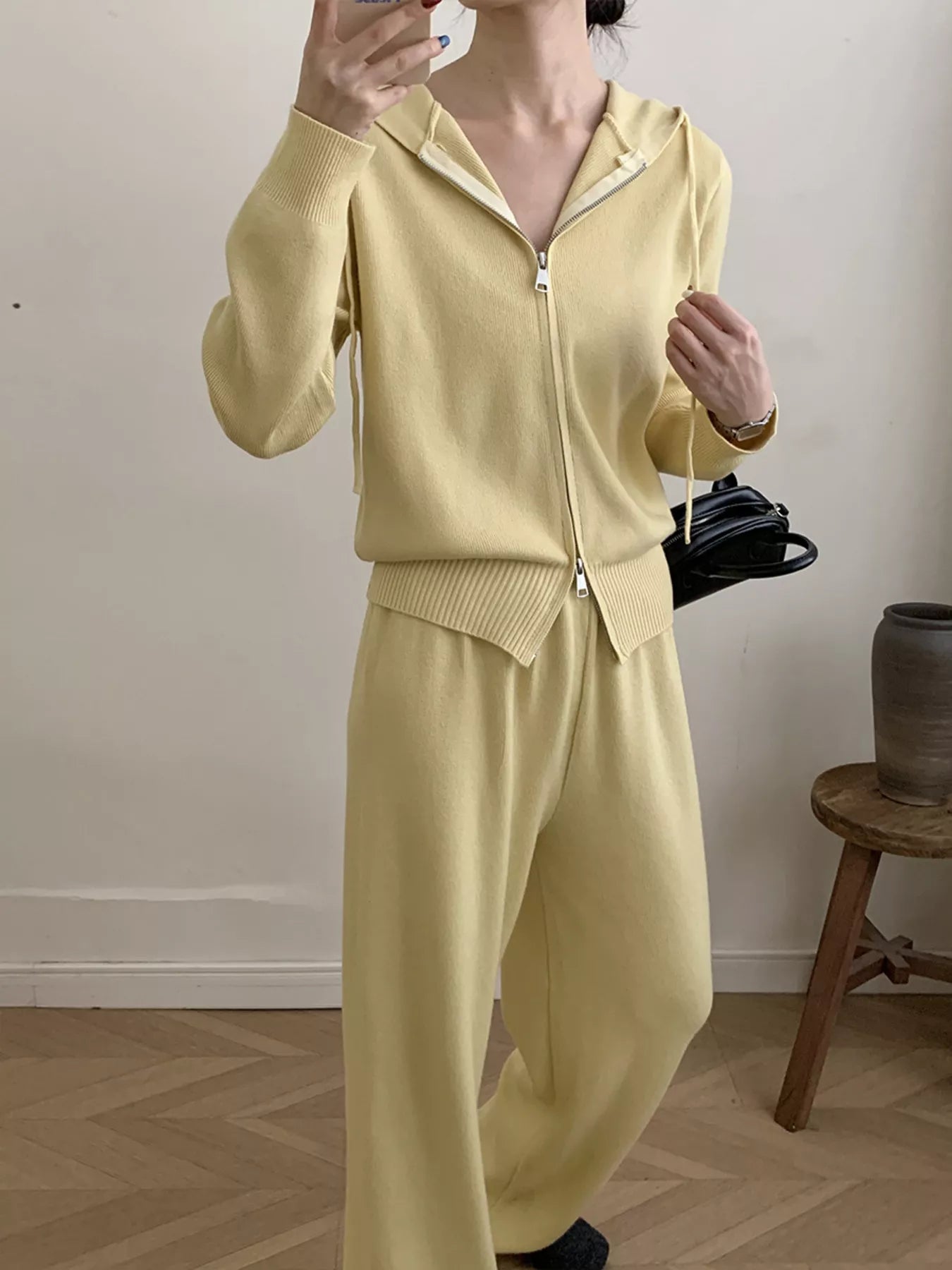 Zip Up Cardigan and Drawstring Wide Leg Pants