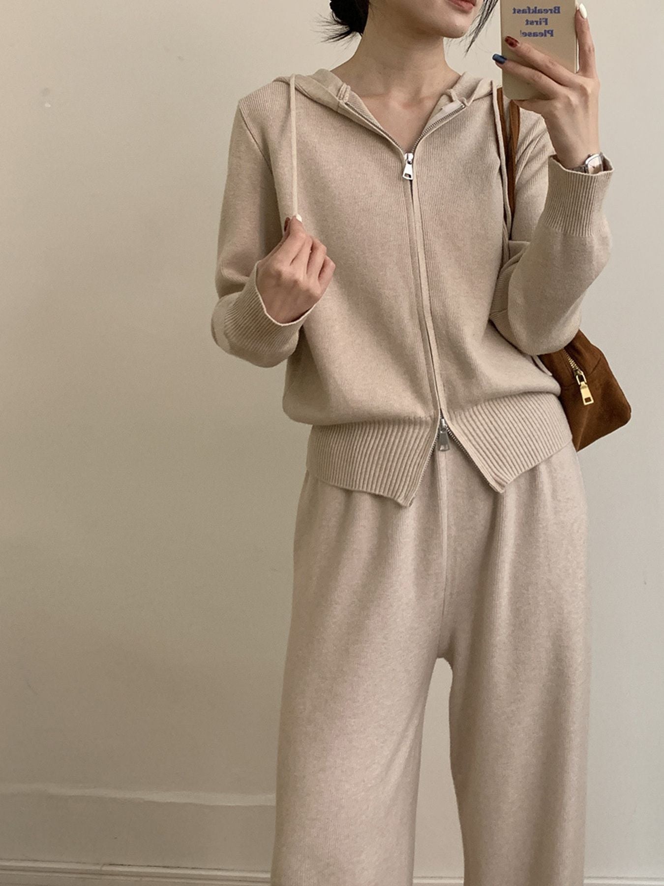 Zip Up Cardigan and Drawstring Wide Leg Pants