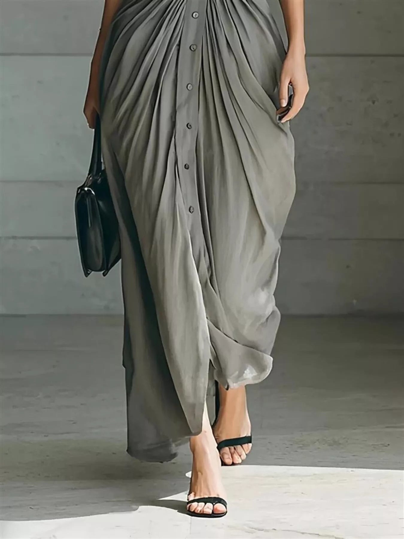 Full Size Button Front Ruched Shirt Maxi Dress