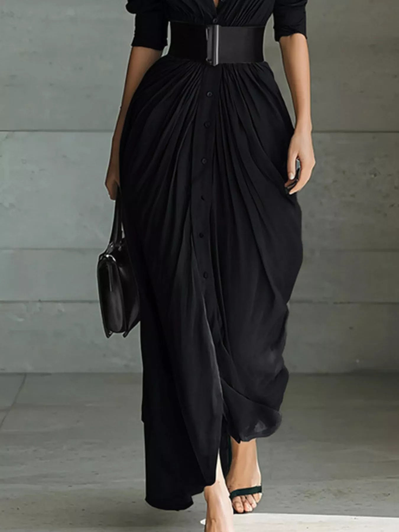 Full Size Button Front Ruched Shirt Maxi Dress