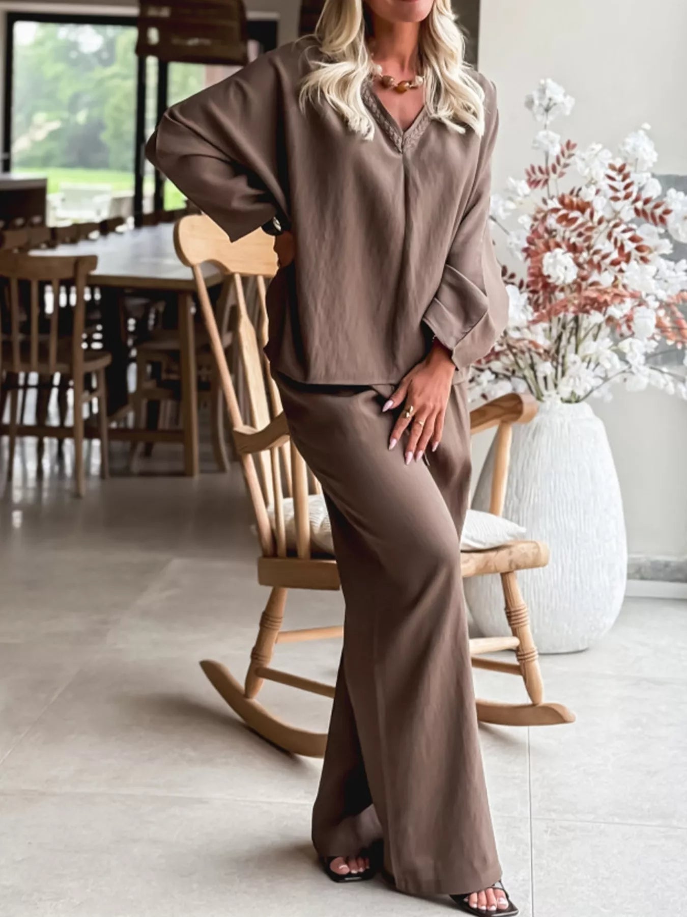 Braided V Neck Long Sleeve Loose Top and