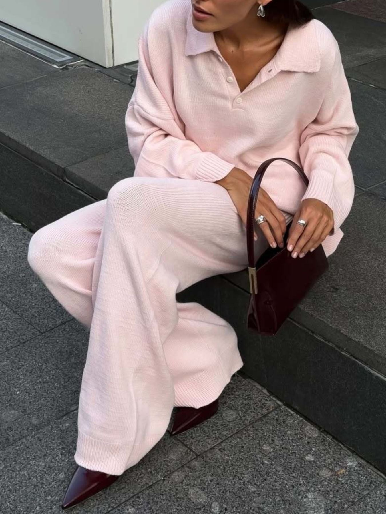 Polo Collar Top and Wide Leg Pants Knit