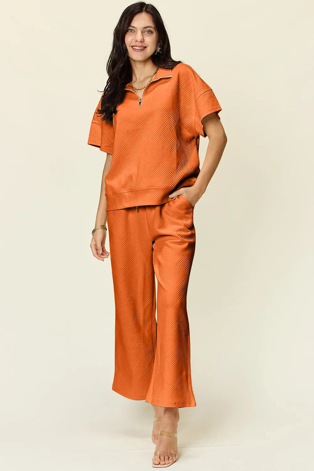 Double Take Full Size Texture Half Zip Short