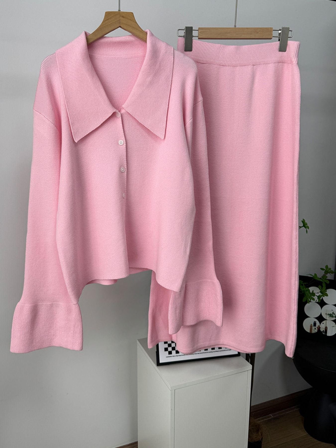 Button Down Long Sleeve Cardigan and Skirt Knit