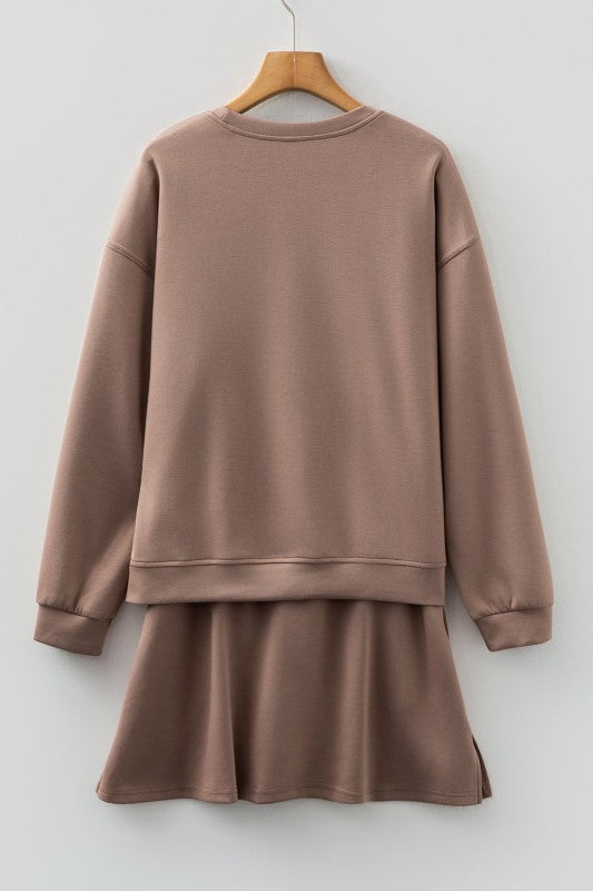 Solid Drop Shoulder Pullover and Mini Skirt Set