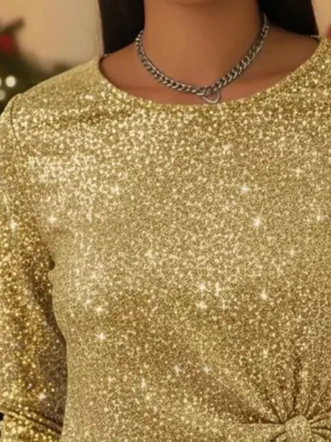 Full Size Sequin Bow-Knot Long Sleeve Top Plus